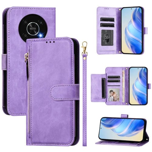 Funda Cuero Tipo Billetera con Cremallera y Ranuras para Honor X30 5G / X9 4G / X9 5G (Morado)