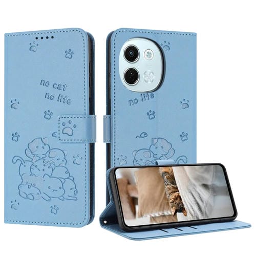 Funda de Cuero para Tecno Spark 30 5G con Diseño de Gatito En Relieve y Cordón (Azul)