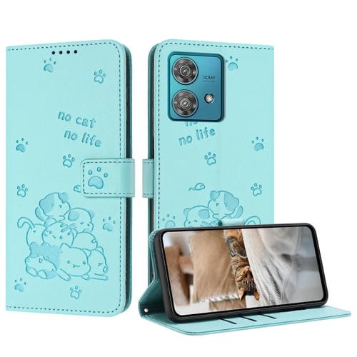 Funda de Cuero Motorola Edge 40 Neo con Diseño de Gatito en Relieve y Cordón (Verde Menta)