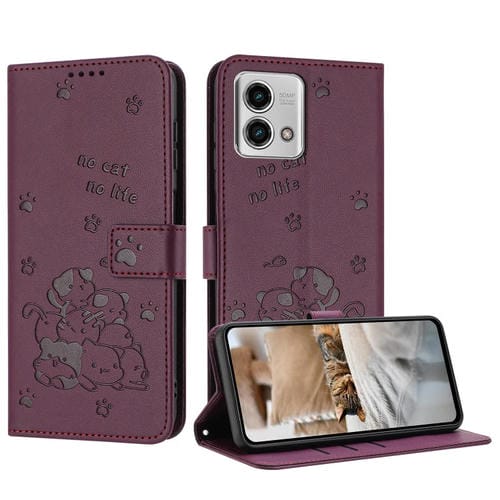 Funda de Cuero Motorola Moto G Stylus 2023 4G con Diseño de Gatito y Cordón (Rojo Vino)