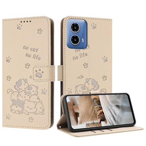 Funda de Cuero Motorola Moto G34 con Diseño de Gatito en Relieve y Cordón (Beige)