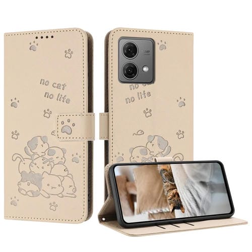 Funda de Cuero Motorola Moto G84 con Diseño de Gatito en Relieve y Cordón (Beige)