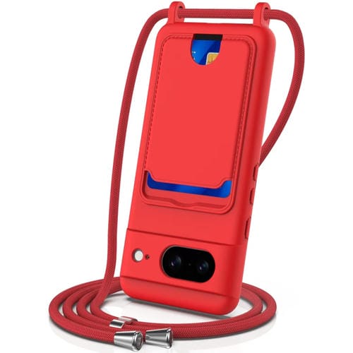 Funda para Teléfono Google Pixel 8 de Silicona Líquida con Cordón y Bolsa para Tarjetas (Rojo)