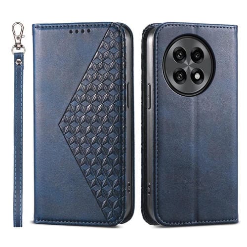 Funda de Cuero Magnética Textura Becerro y Cuadrícula Cúbica para OnePlus 13R / Ace 5 / Ace 5 Pro (Azul)
