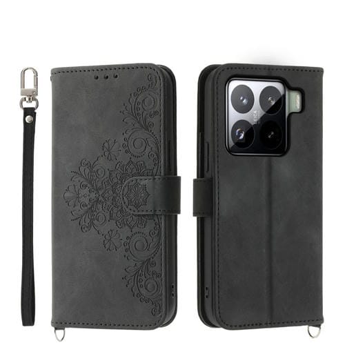 Funda De Cuero Con Relieve De Flores Y Tacto De Piel Para Xiaomi 15 Pro (Negra)