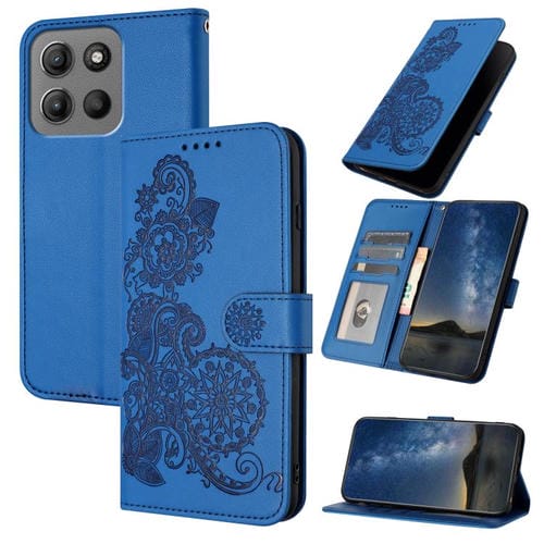 Funda de Cuero con Tapa y Flor de Datura En Relieve para Motorola Moto G15 (Azul)