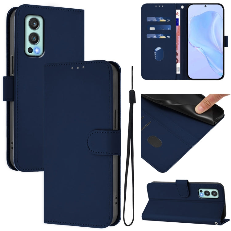 Funda de Cuero Textura Piel para OnePlus Nord 2 5G con Cordón (Azul Marino)