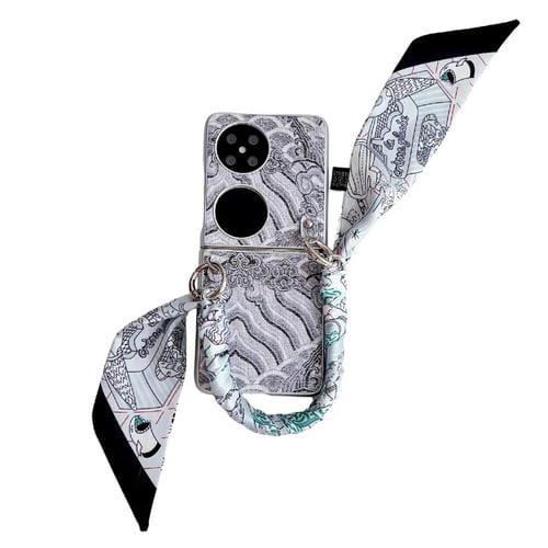 Funda para Teléfono Huawei P50 Pocket con Bordado de Nubes Propicias y Cobertura Total con Bufanda/Pulsera (Gris)