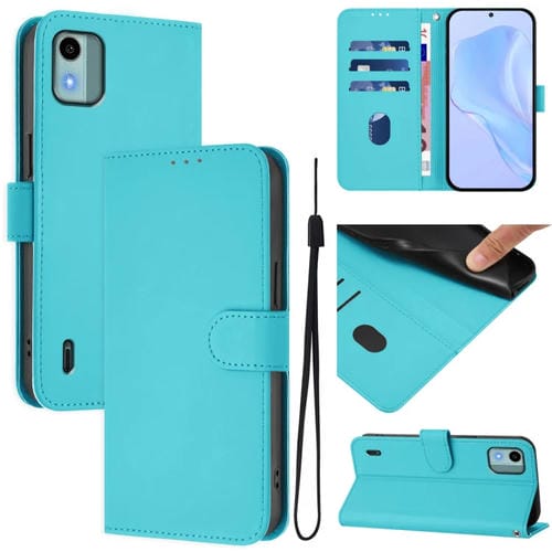 Funda de Piel con Cordón para Teléfono Nokia C12 con Acabado Liso (Azul Lago)