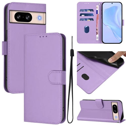 Funda de Cuero con Cordón para Google Pixel 8 (Morado Lavanda) Diseño Piel Liso