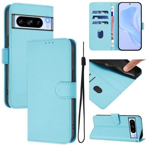 Funda de Cuero con Cordón para Google Pixel 8 Pro (Azul Cielo) Diseño Piel Liso