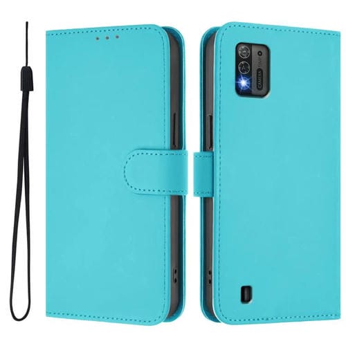 Funda de piel con textura de color liso y cordón para ZTE Blade A52 Lite (azul lago)