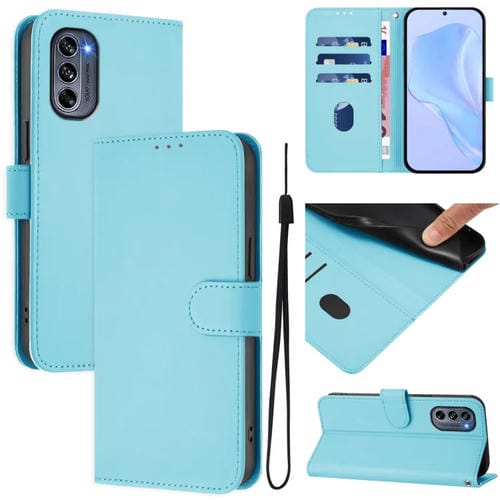 Funda de Cuero con Cordón para Motorola Moto G62 5G con Tacto de Piel (Azul Cielo)