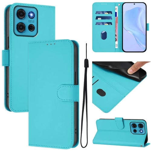 Funda de Piel Sintética con Cordón para Motorola Moto G75 5G (Azul Lago)