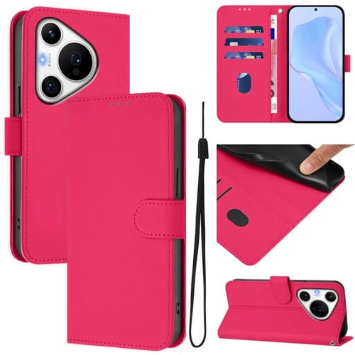 Funda de Piel con Cordón para Huawei Pura 70 Pro y 70 Pro+ (Rosa y Rojo)