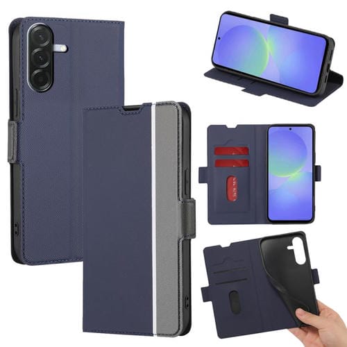 Funda de cuero con textura de sarga y botones laterales para Samsung Galaxy A36 5G (azul)