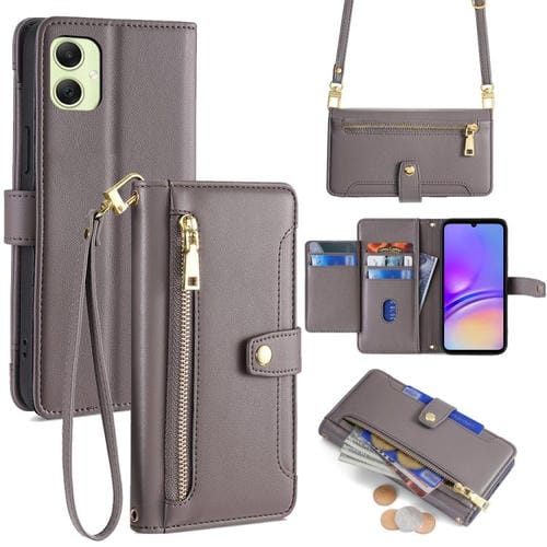 Funda de cuero tipo cartera con cremallera y textura de oveja para Samsung Galaxy A05 4G (gris)