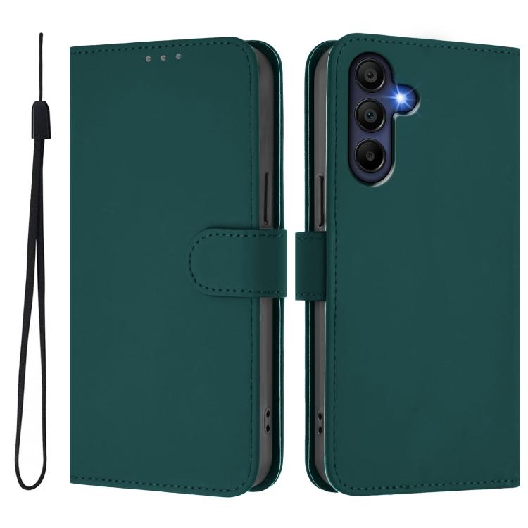 Funda de piel con textura de color liso y cordón para Samsung Galaxy A17 5G (verde oscuro)