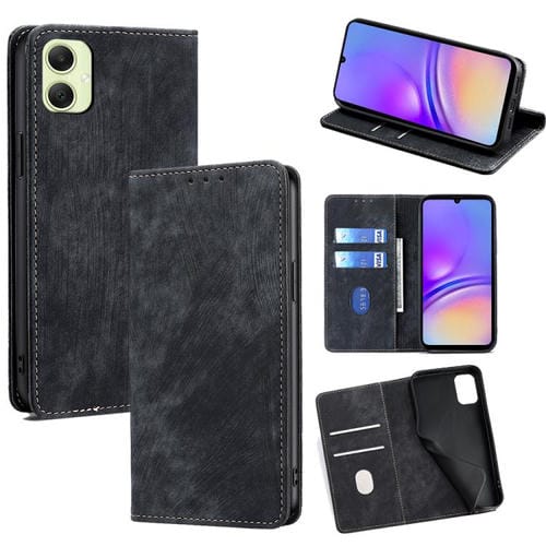 Funda de cuero magnética con cepillo antirrobo RFID para Samsung Galaxy A05 4G (negra)