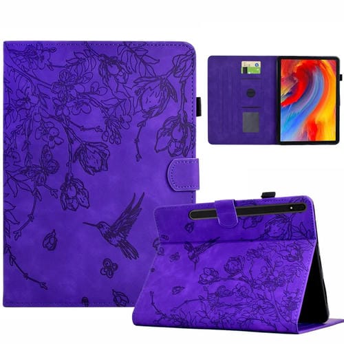 Funda Cuero Inteligente Samsung Galaxy Tab S7/S8 Estampado Flores Pájaros (Morado)
