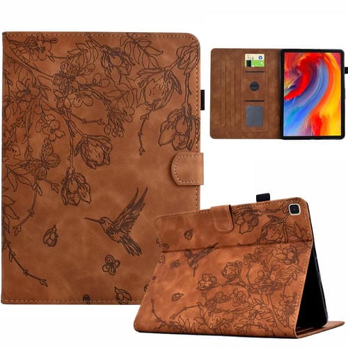 Funda inteligente de cuero Samsung Galaxy Tab A7 10.4 T500 con estampado de flores y pájaros (Marrón)