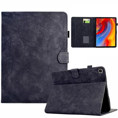 Funda de Cuero Inteligente Samsung Galaxy Tab S5E T720 Estampado Flores y Pájaros (Negra)