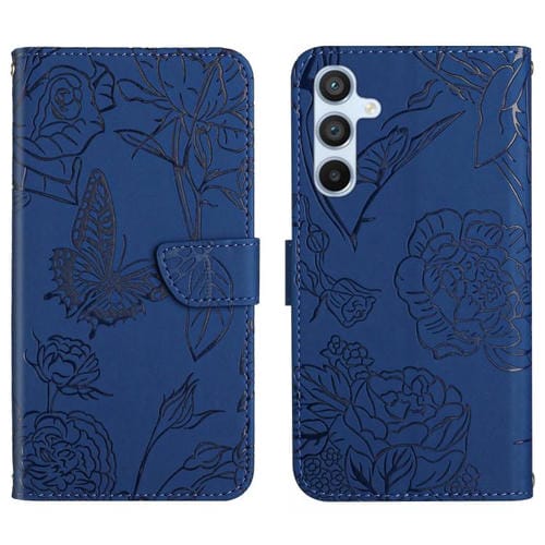 Funda de piel con tapa y diseño de mariposas en relieve para Samsung Galaxy S25 FE 5G (azul)