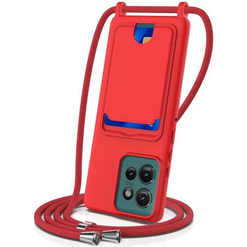 Funda Silicona LĂquida con CordĂłn y Tarjetero para Motorola Edge 50 Neo (Rojo)