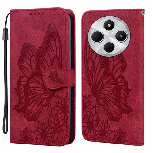 Funda de Cuero con Tapa Horizontal con Relieve de Mariposas y Tacto Retro para Xiaomi Poco C75 (Rojo)