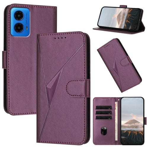 Funda de Cuero para Motorola Moto G45 con Cierre de Hebilla y Diseño Triangular (Morado Oscuro)