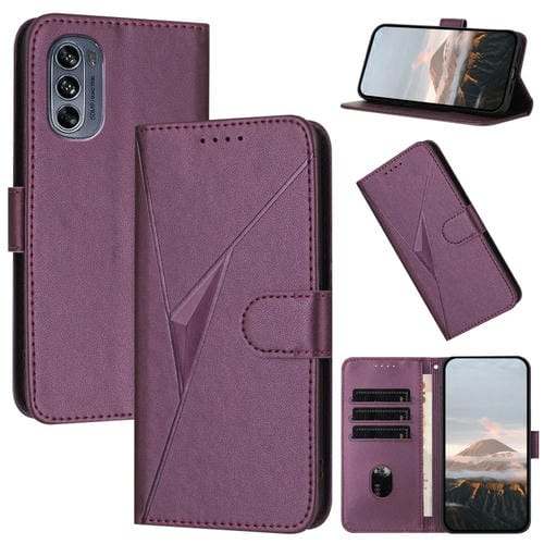Funda de Cuero para Motorola Moto G62 5G con Cierre de Hebilla y Diseño Triangular (Morado Oscuro)