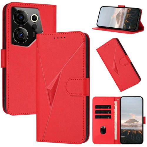 Funda de Cuero para Tecno Camon 20 Premier con Cierre de Hebilla y Diseño Triangular (Rojo)