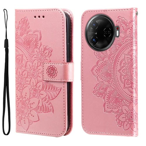 Funda de Cuero para Tecno Camon 30 Pro con Estampado de Flores de Siete Pétalos (Oro Rosa)