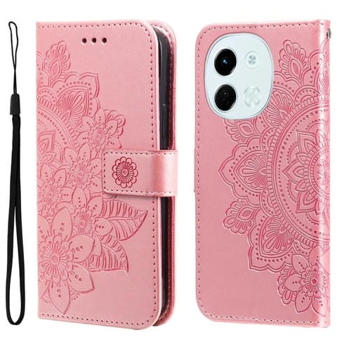 Funda de Cuero con Relieve Flores Siete Pétalos para Tecno Spark 30 5G Pova 6 Neo 5G (Oro Rosa)