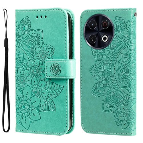 Funda de Cuero para Tecno Spark 30 Pro 4G con Estampado de Flores de Siete Pétalos (Verde)