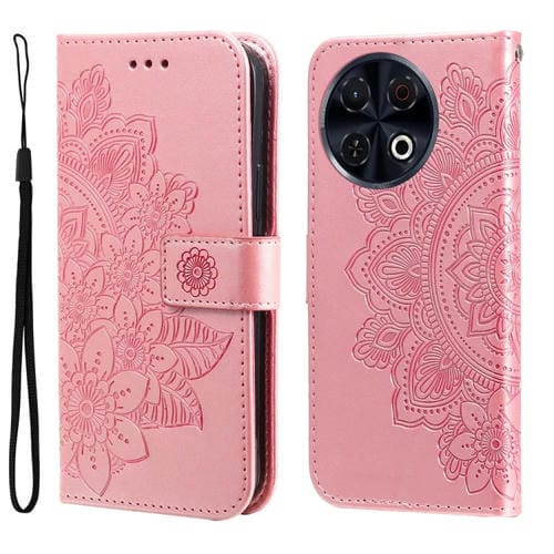 Funda de Cuero para Tecno Spark 30 Pro 4G con Estampado de Flores de Siete Pétalos (Oro Rosa)