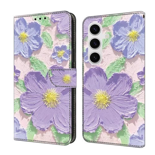 Funda de Cuero Samsung Galaxy A05S Pintada al Óleo Función Protectora (Flores Moradas)