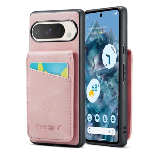 Funda Trasera PU con Tarjetero Fierre Shann Crazy Horse para Google Pixel 9/9 Pro (Rosa)