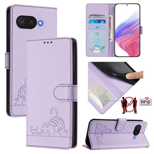 Funda de Cuero Rfid para Google Pixel 9A con Estampado de Rata y Gato en Relieve y Cordón (Morado)