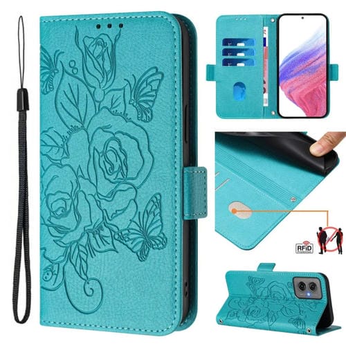 Funda de Cuero Antirrobo con RFID y Diseño en Relieve para Motorola Moto G55 (Azul Claro)