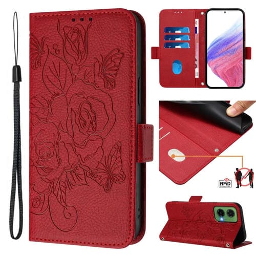 Funda de Cuero Antirrobo RFID con Relieve para Motorola Moto G35 (Rojo)