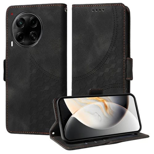 Funda de Cuero para Tecno Camon 30S y Camon 30S Pro con Diseño de Rombos y Estrellas En Relieve (Negra)