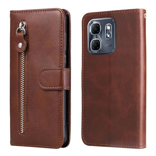 Funda de Piel con Textura de Becerro y Cremallera para Infinix Hot 50I y Smart 9 (Marrón)