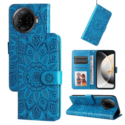 Funda de Piel con Relieve Girasol para Teléfono Tecno Camon 30 Pro (Azul)