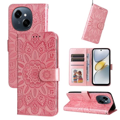 Funda de Piel con Relieve de Girasol para Tecno Spark Go 1 / Pop 9 / Spark Go (2025) (Rosa)