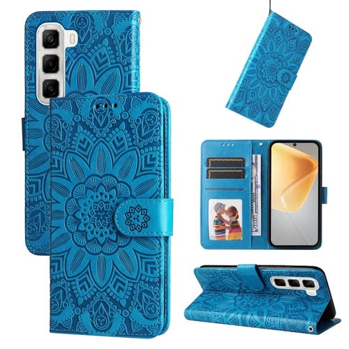 Funda de Piel con Estampado de Girasoles en Relieve para Infinix Hot 50 4G (Azul)