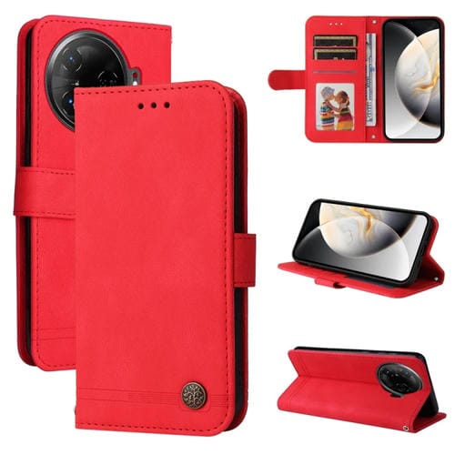 Funda de Cuero para Tecno Camon 30 Pro con Botones de Metal y Diseño Árbol de la Vida (Rojo)