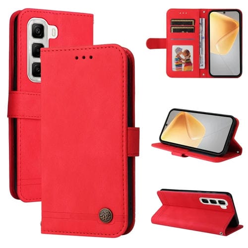 Funda de Cuero con Botones de Metal y Árbol de la Vida para Infinix Hot 50 4G (Rojo)