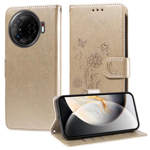 Funda de Cuero para Tecno Camon 30 Pro con Diseño de Mariposas y Flores en Relieve (Dorada)