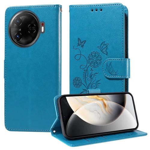 Funda de Cuero para Tecno Camon 30 Pro con Diseño de Mariposas y Flores en Relieve (Azul)